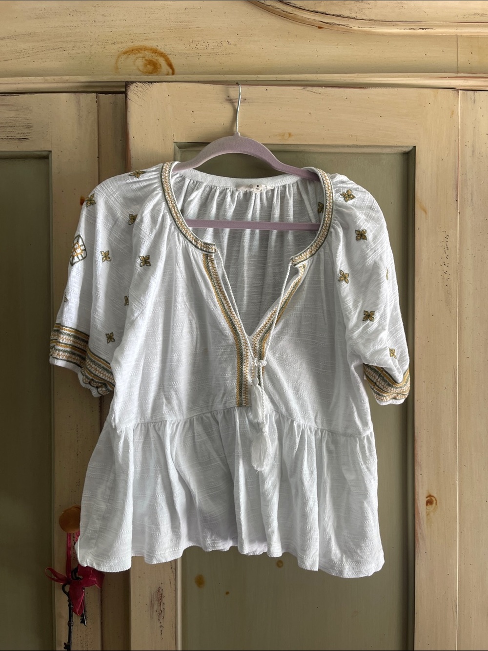 Lucky Brand White Top with Gold Embroidery